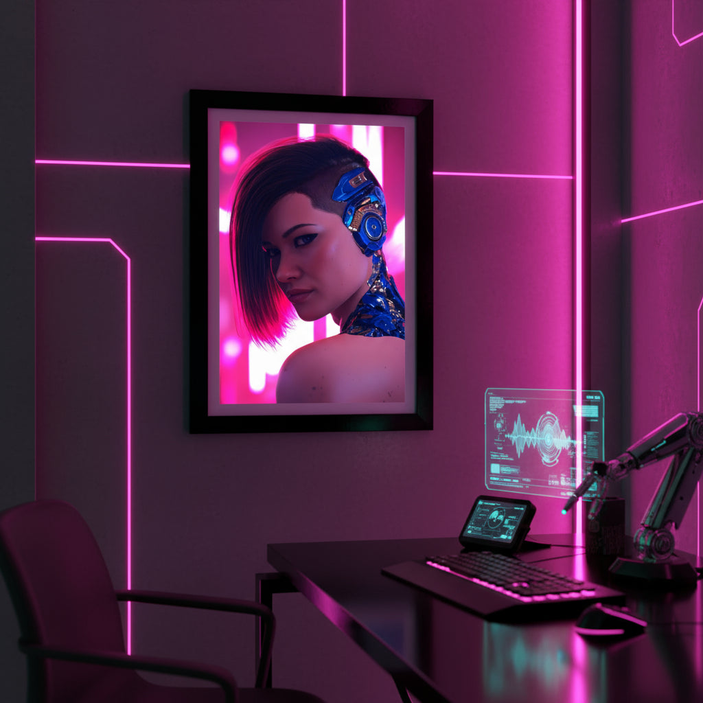 Cyberpunk woman wearing a futuristic headpiece with pink and purple lights in the background