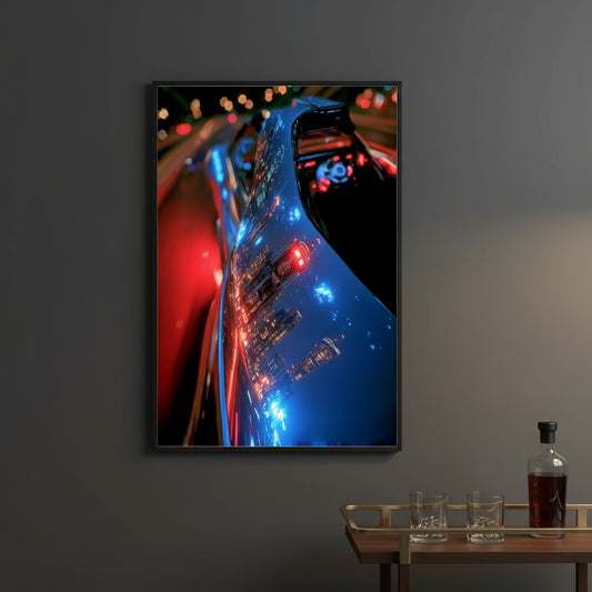 Framed artwork of a blue glass object on a dark gray wall with a table and bottle below.