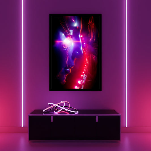 Futuristic abstract art piece on a purple wall with neon lights