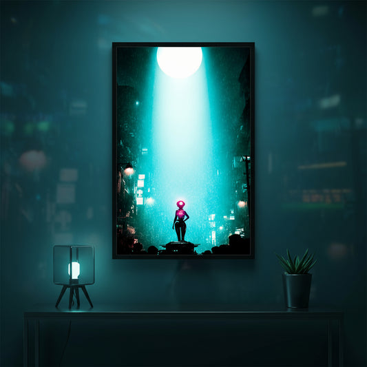 Framed artwork of a futuristic cityscape with a person under a beam of light on a dark wall.