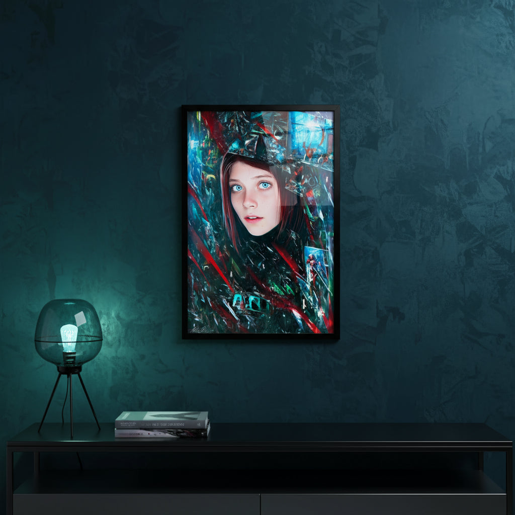 Framed artwork of a woman with a dark, abstract design on a dark wall.