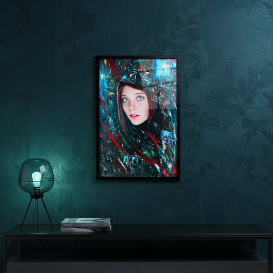 Framed artwork of a woman with a dark, abstract design on a dark wall.