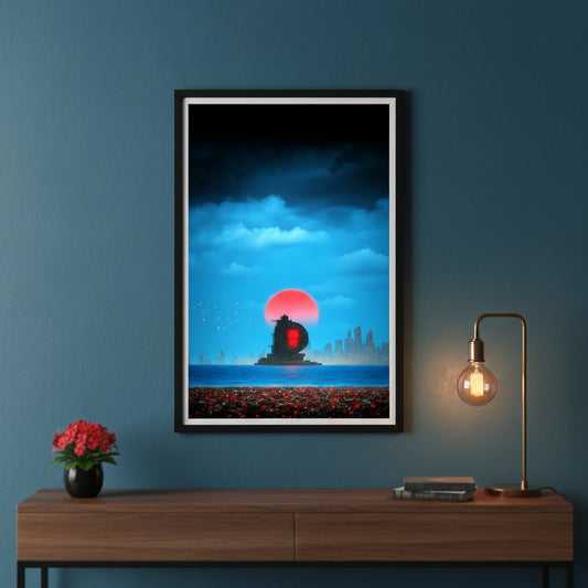 Framed artwork of a red sun over a cityscape on a blue wall above a wooden console table.