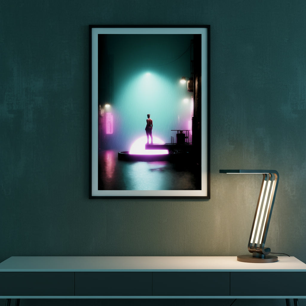 Cyberpunk Silhouette of a person on a bridge with colorful lighting