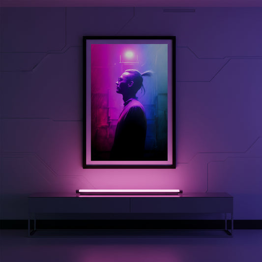 Framed artwork of a person with a bun in a room with purple lighting