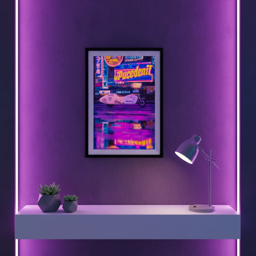 Neon sign with 'Pucedent' and a motorcycle graphic on a reflective surface.