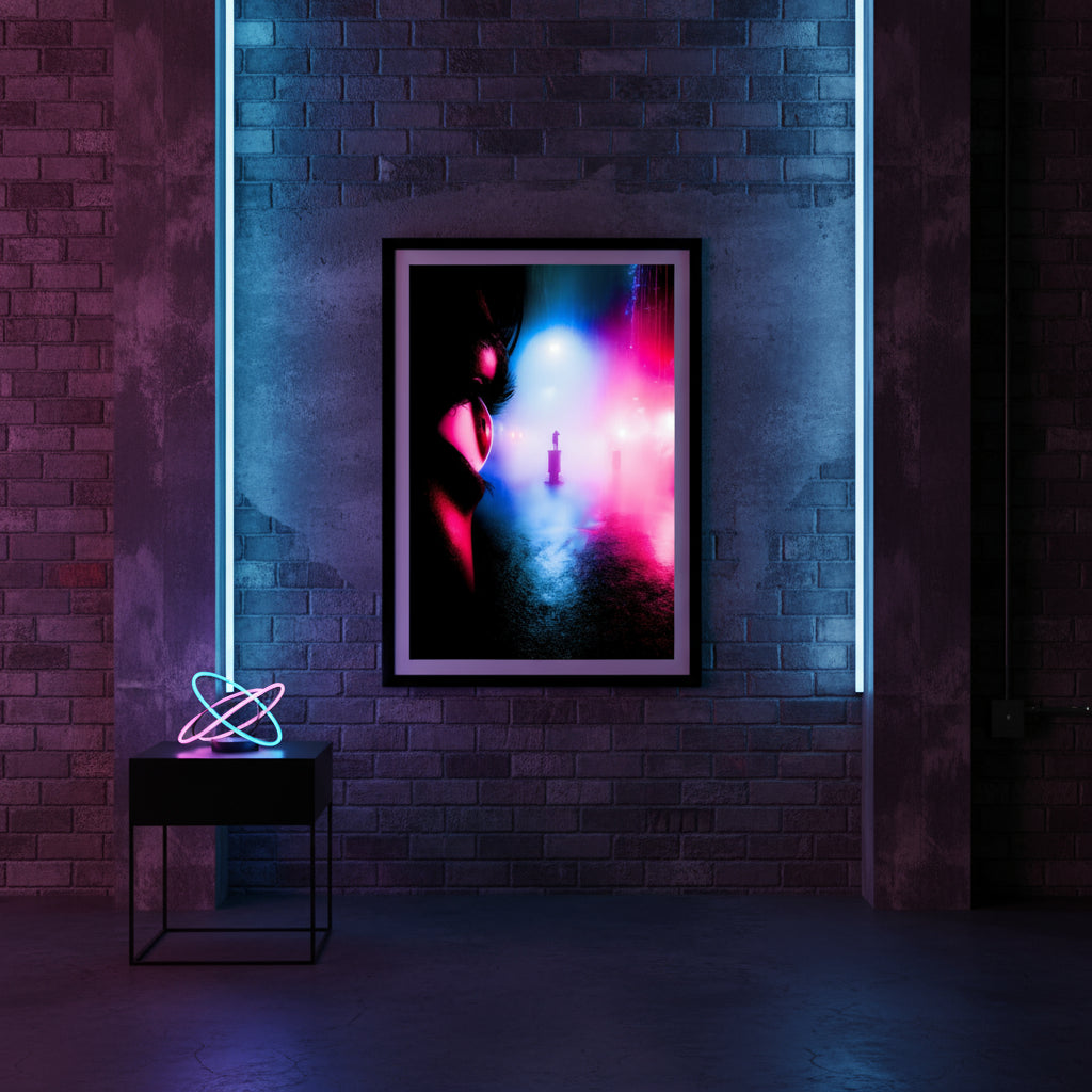 Framed artwork with colorful abstract design on a brick wall with neon lights.