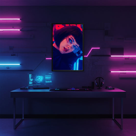 Person wearing futuristic goggles with a neon background