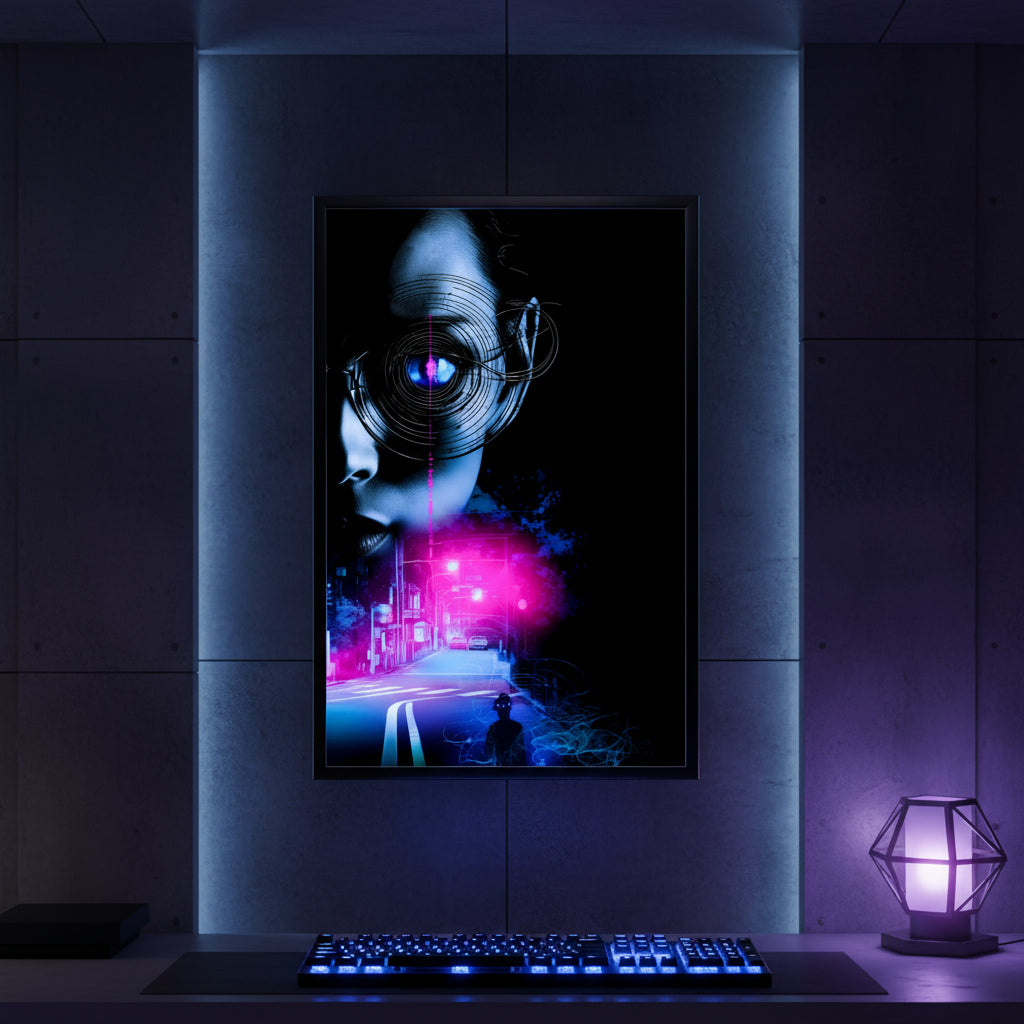 Futuristic cityscape with a person wearing goggles, neon lights, and a dark background.
