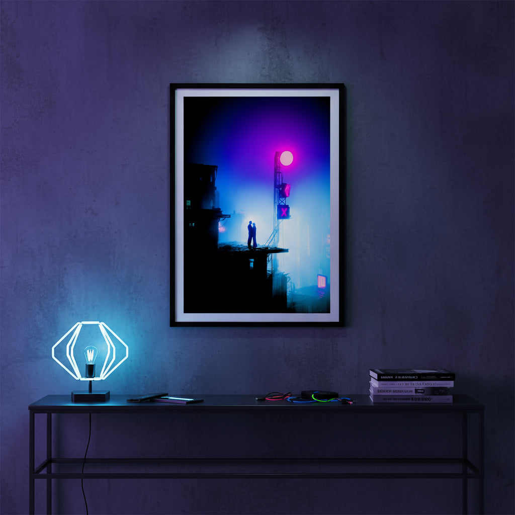 Silhouette of a person sitting on a bench under a streetlight with a cityscape in the background.