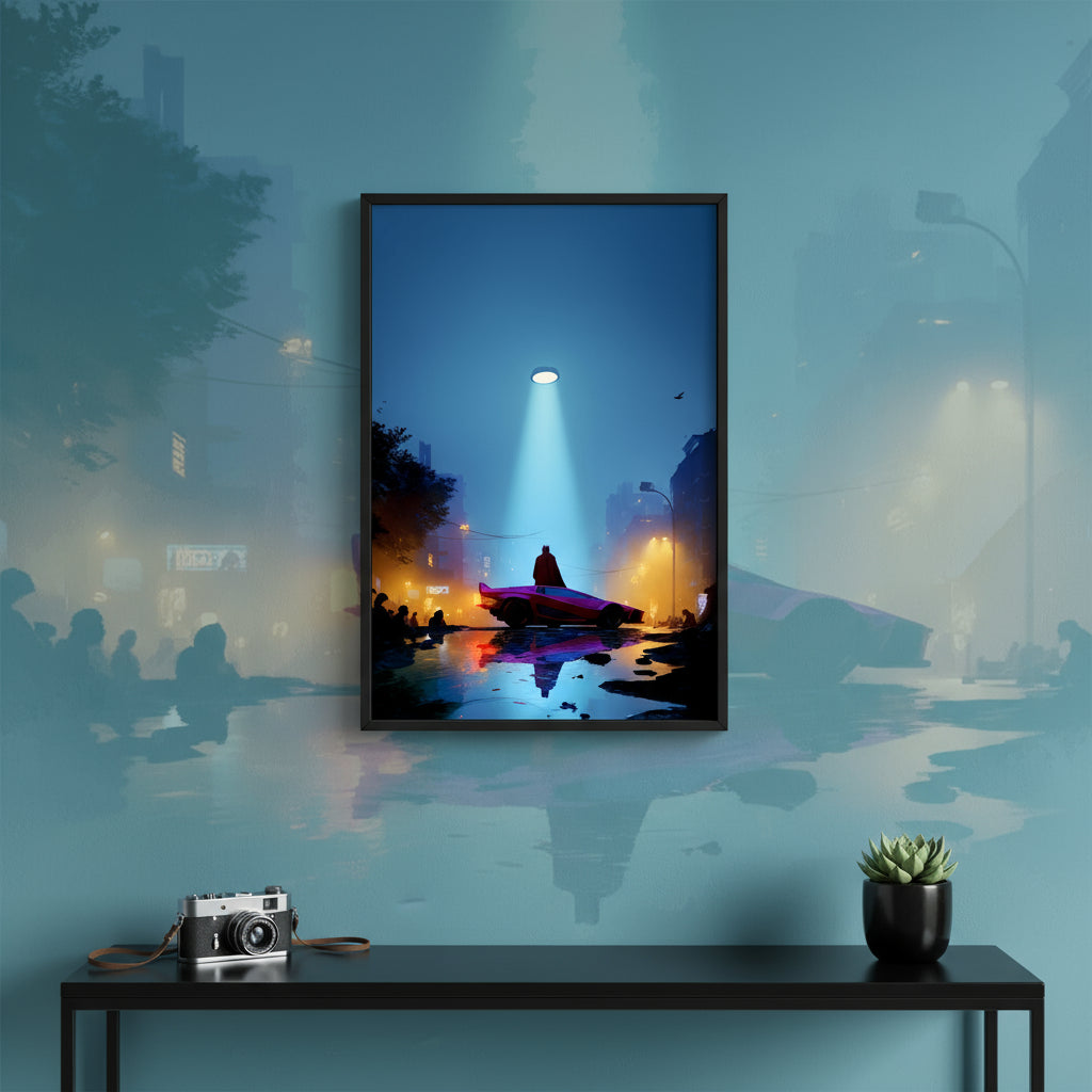 Silhouette of a person sitting on a bench under a streetlight with a cityscape in the background.