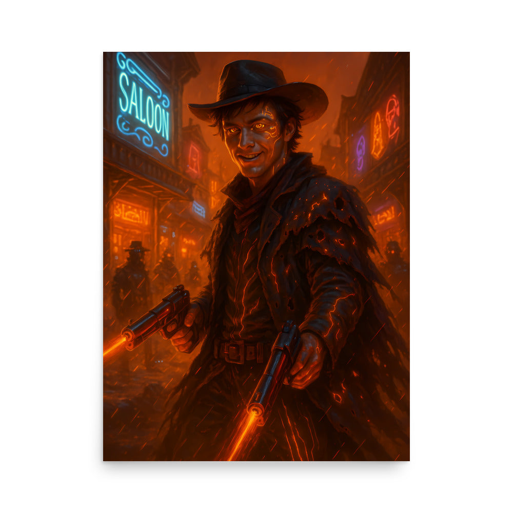 Billy the kid cowboy poster holding a gun in a neon-lit saloon. Cyberpunk poster.