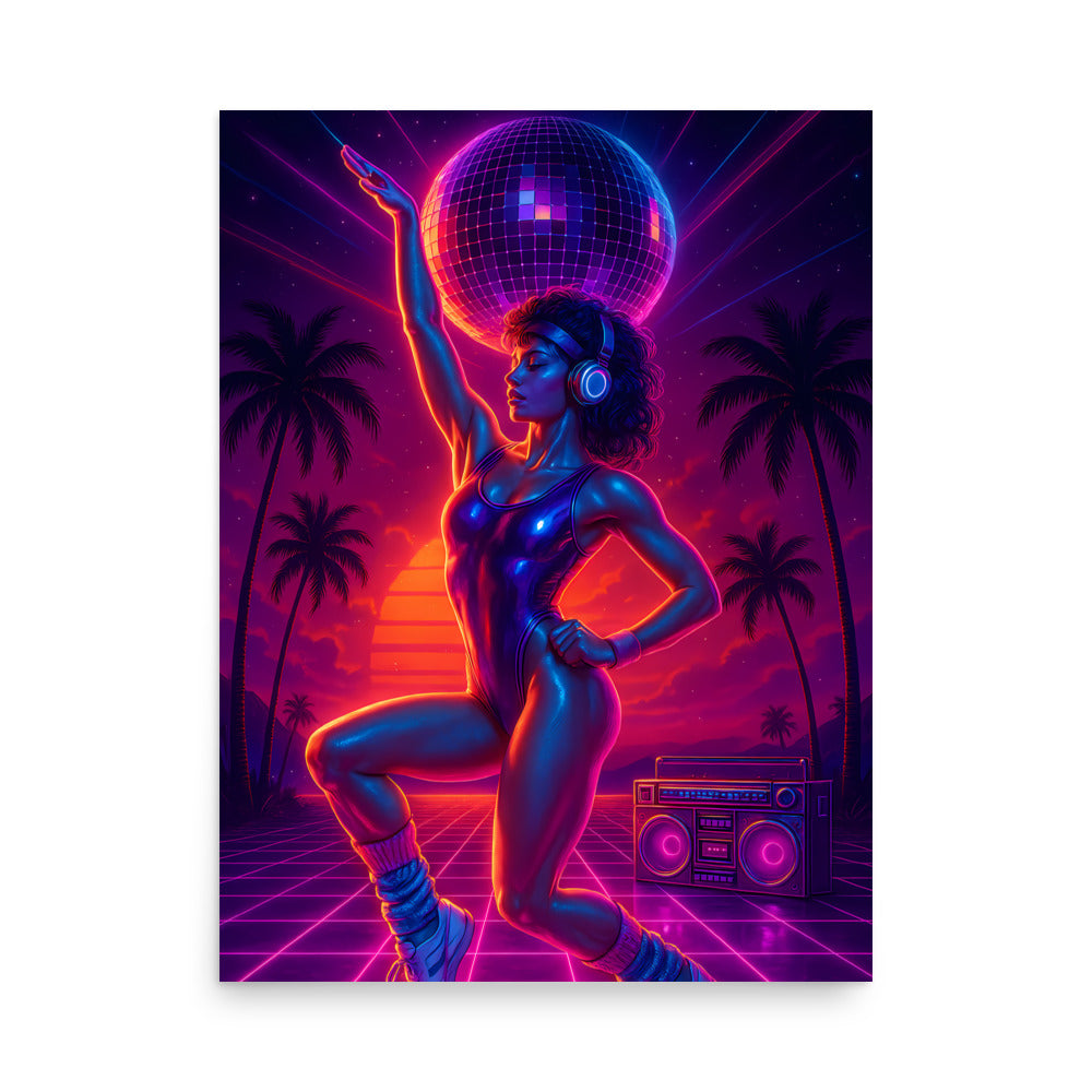 Neon-themed poster of a woman in a futuristic setting with a disco ball and palm trees. 80s Synthwave art poster.