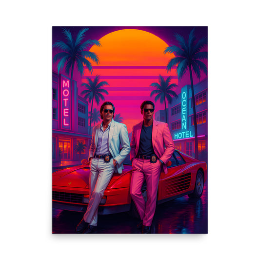Two men in suits standing next to a red sports car with a vibrant sunset and palm tree scene in the background. 80s Synthwave art poster.