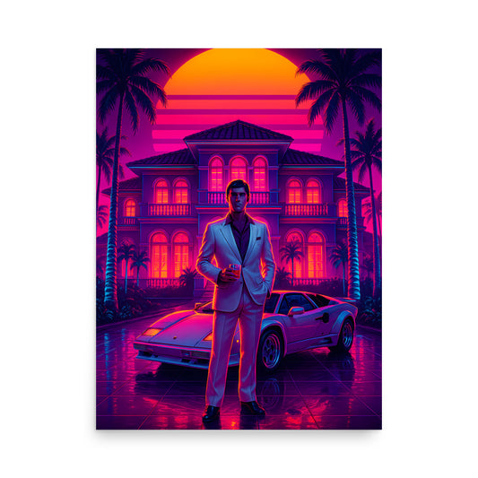 Man in a white suit standing next to a car in front of a house with a vibrant, colourful sunset. 80s Synthwave art poster.
