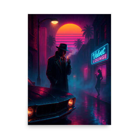 Neon-lit street scene with a man in a trench coat and hat, a car, and a 'Velvet Lounge' sign. 80s Synthwave art poster.