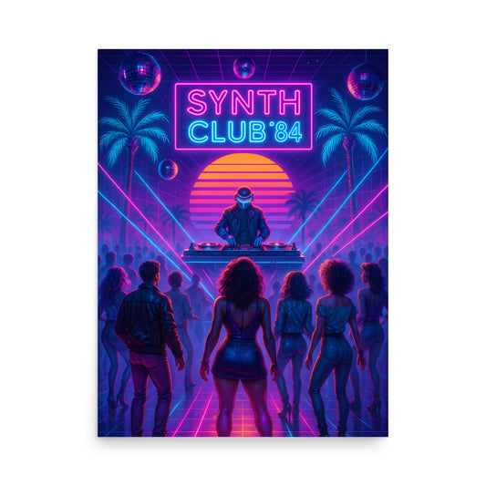 Synth club 84 poster with a DJ and people at a party, neon colors. 80s Synthwave art poster.