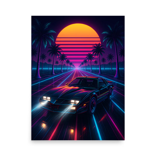 Neon retro car scene with palm trees and sunset. 80s Synthwave art poster.