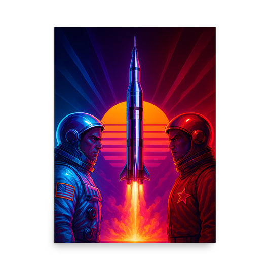 Two astronauts in space suits with a rocket and sunset in the background, space race poster. 80s Synthwave art poster.