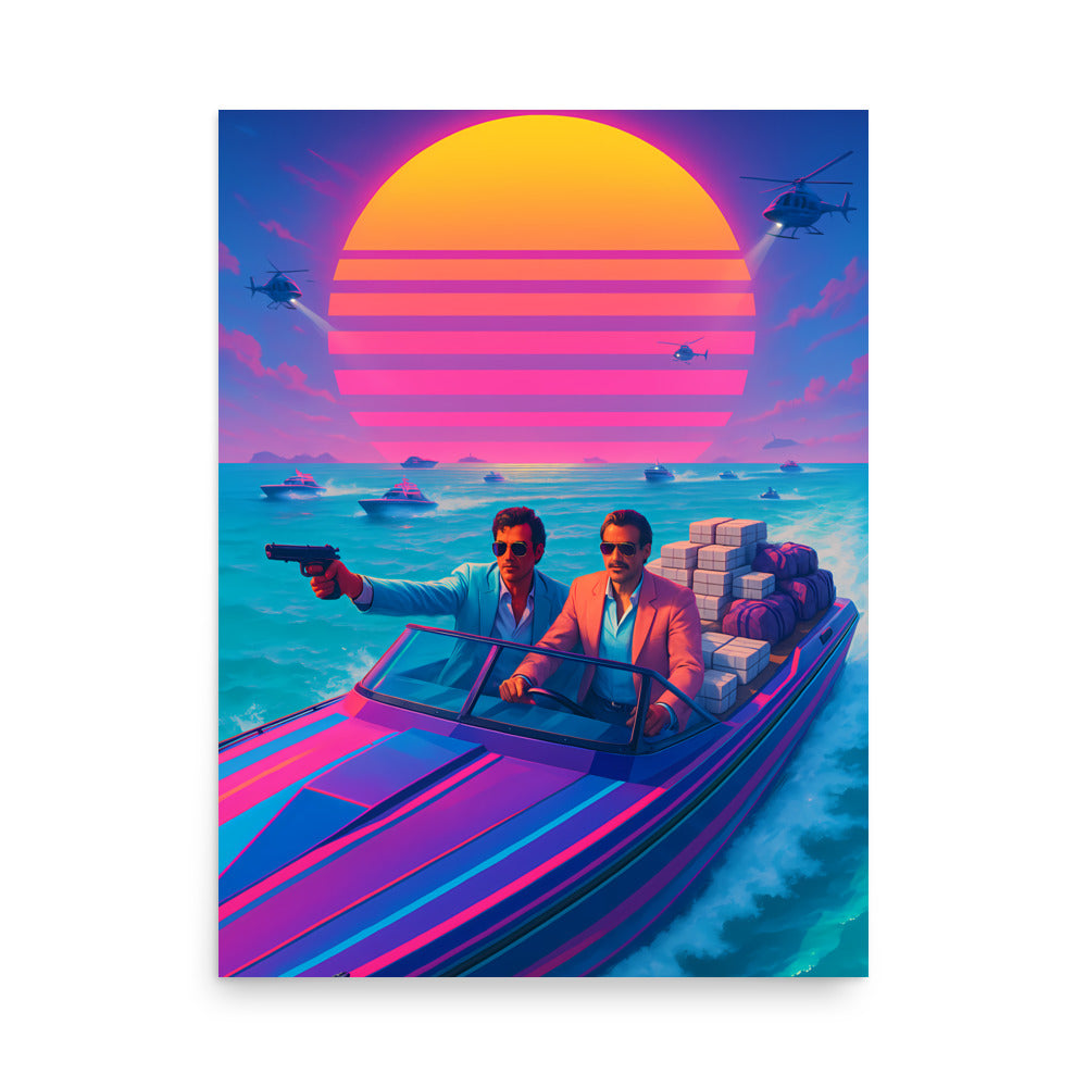 Modern living room with a retro-themed poster on the wall, a white sofa, and decorative elements. 80s Synthwave art poster.