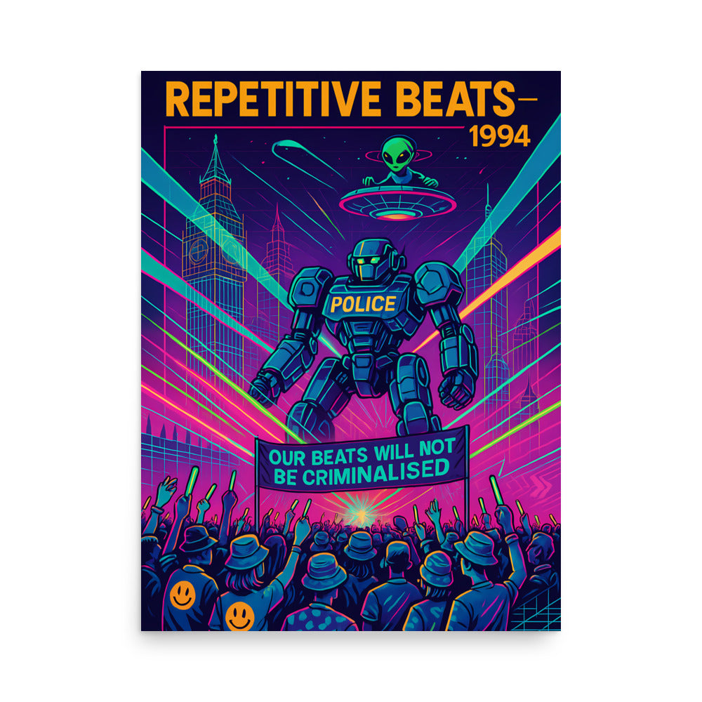 Futuristic poster with robot, crowd, and text 'Repetitive Beats 1994' on a white background. 90s rave poster.