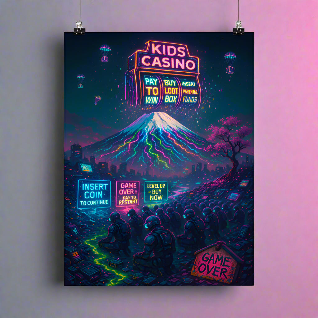 Mount Fuji Cyberpunk Art – Corporate Greed, Gaming Addiction and Loot Box Dystopia