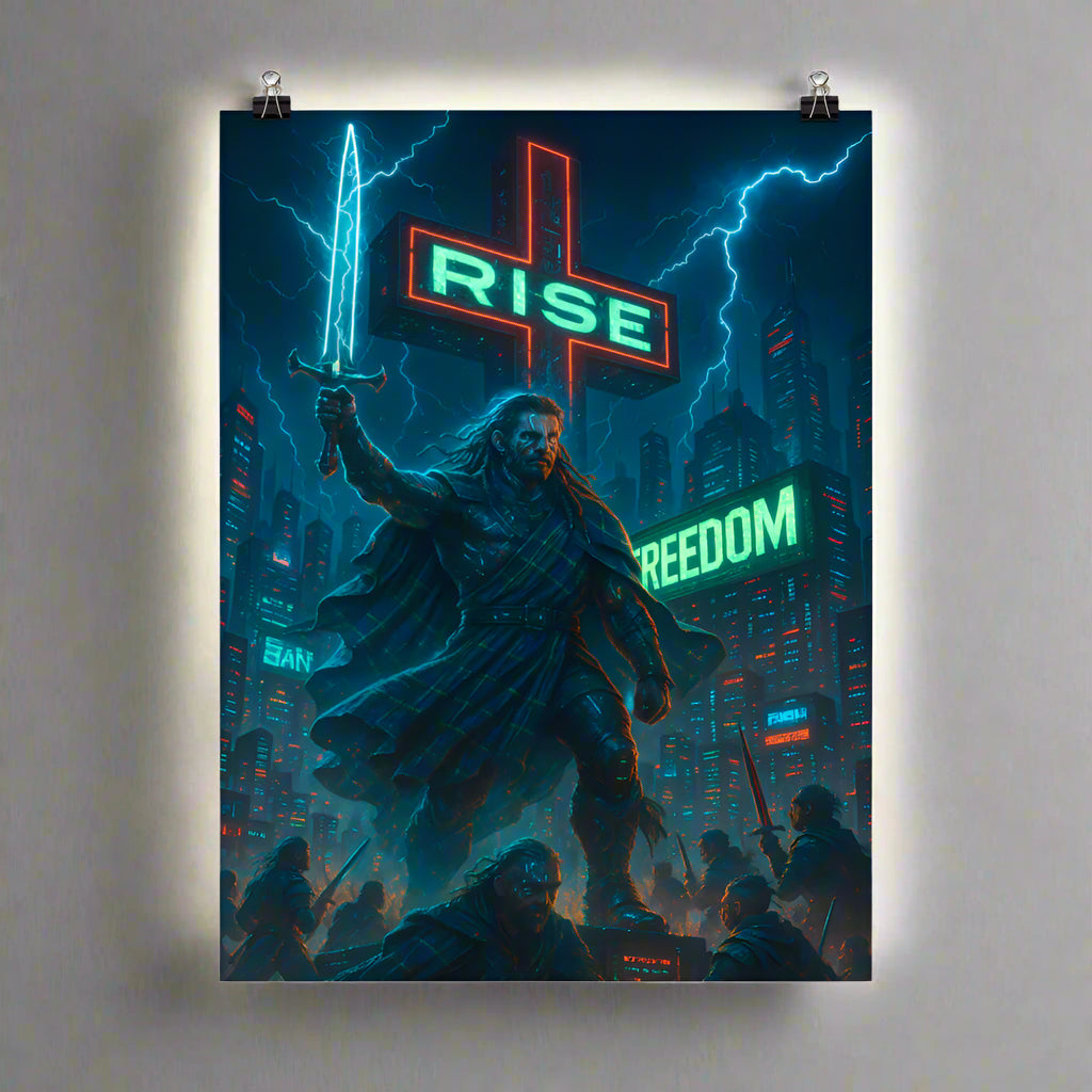 William Wallace Cyberpunk Poster – The Neon Warrior of Freedom | Futuristic Sci-Fi Wall Art