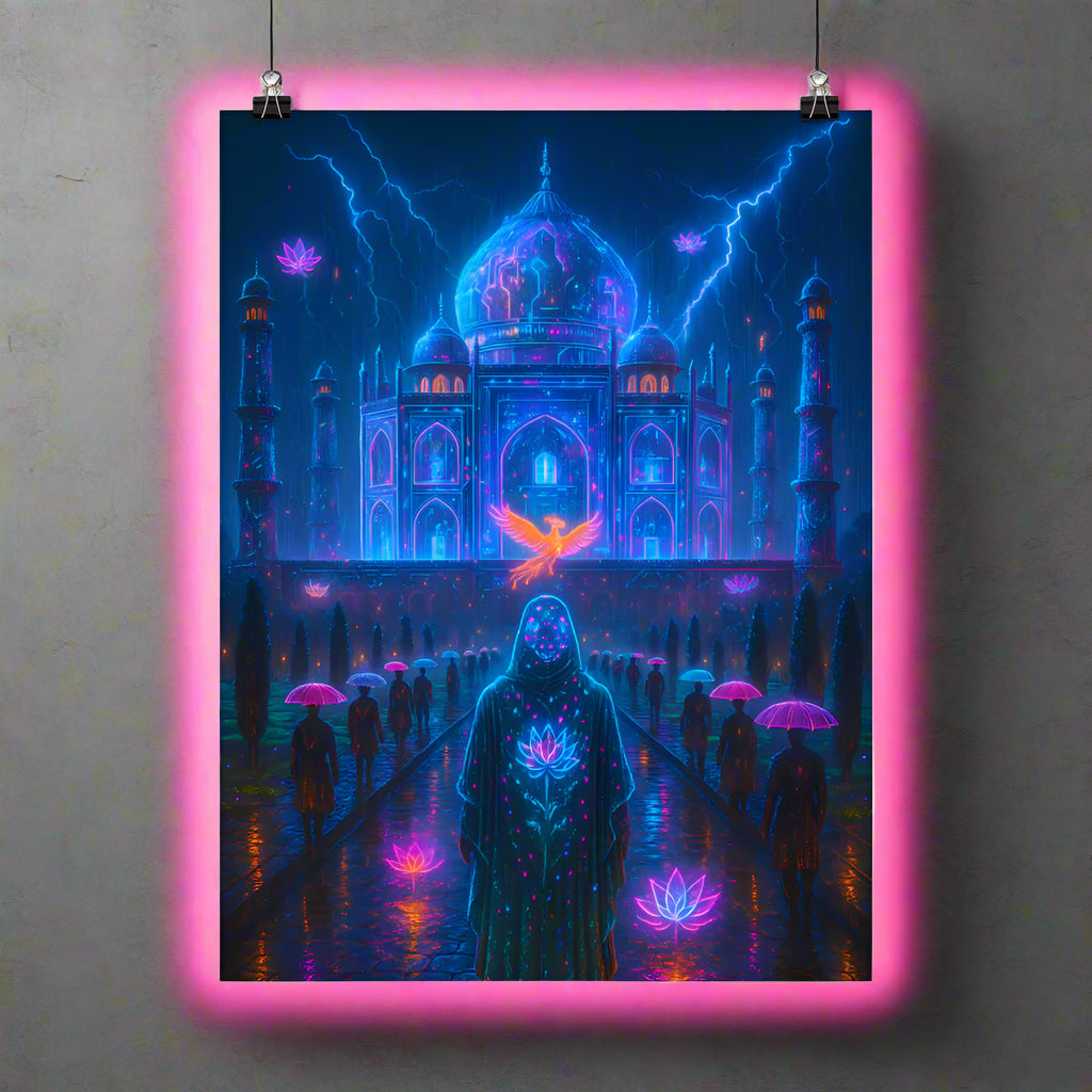 Taj Mahal Cyberpunk Poster – The Neon Mausoleum of Eternal Love | Futuristic Sci-Fi Wall Art