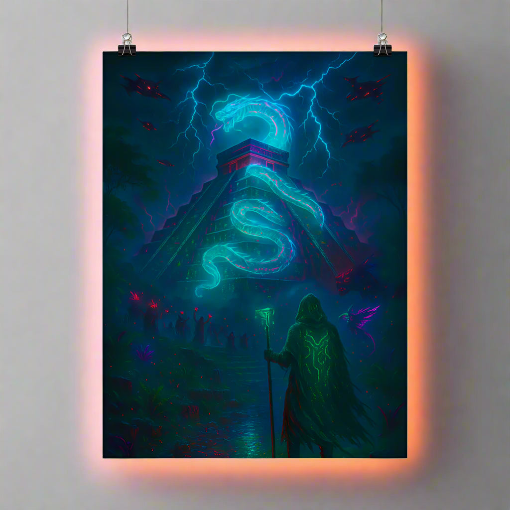 Chichén Itzá Cyberpunk Poster – The Neon Pyramid of Time | Futuristic Sci-Fi Wall Art