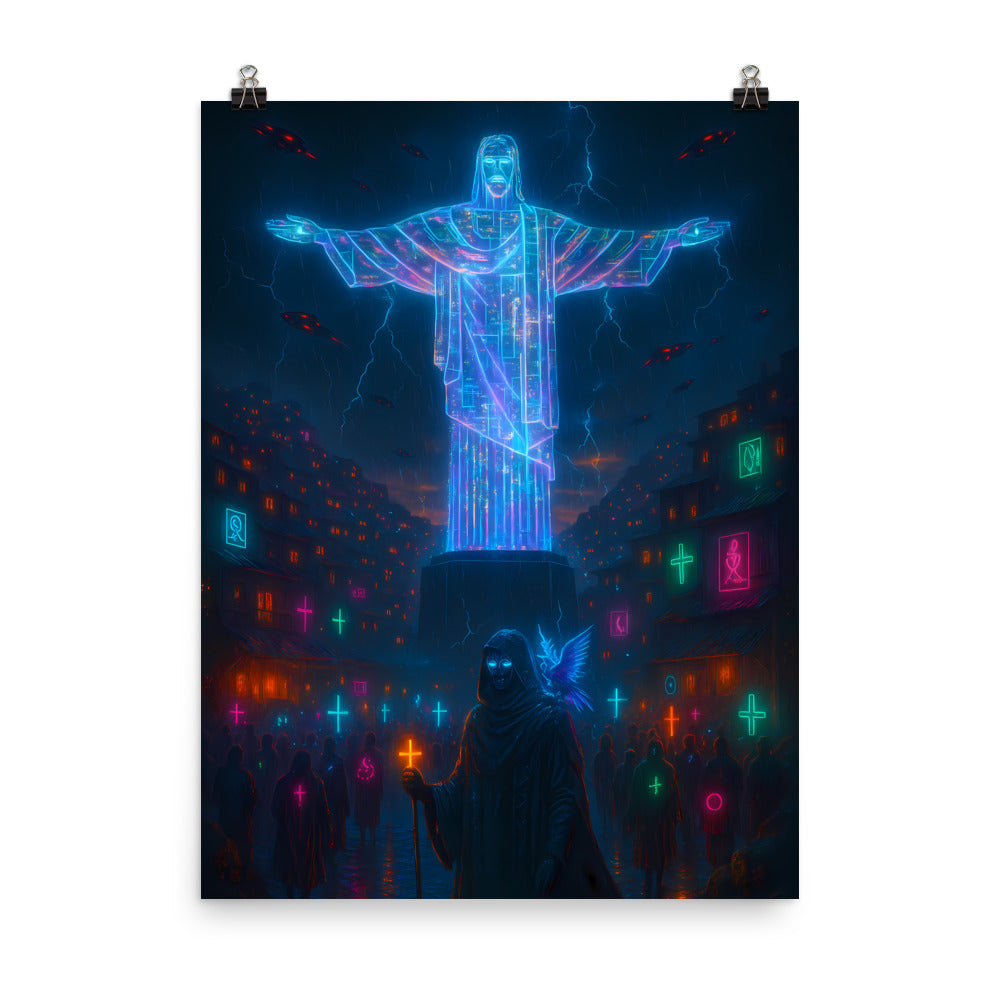 Christ the Redeemer Cyberpunk Poster – The Neon Savior | Futuristic Sci-Fi Wall Art