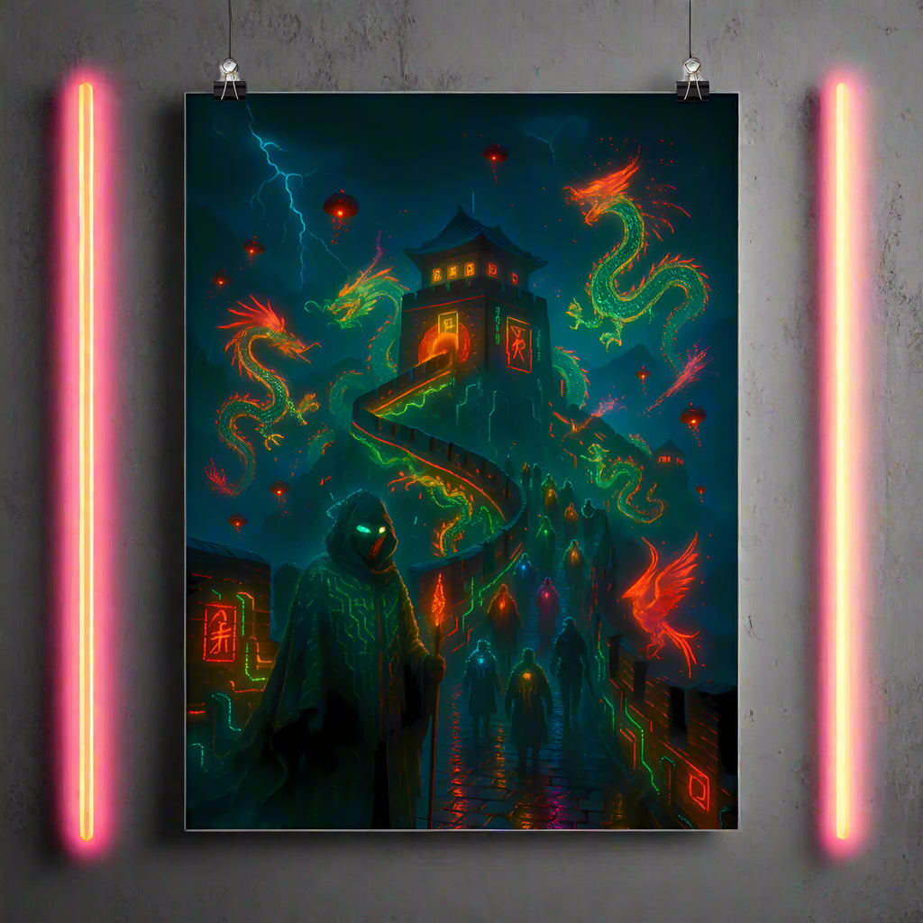 Great Wall of China Cyberpunk Poster – The Neon Serpent | Futuristic Sci-Fi Wall Art