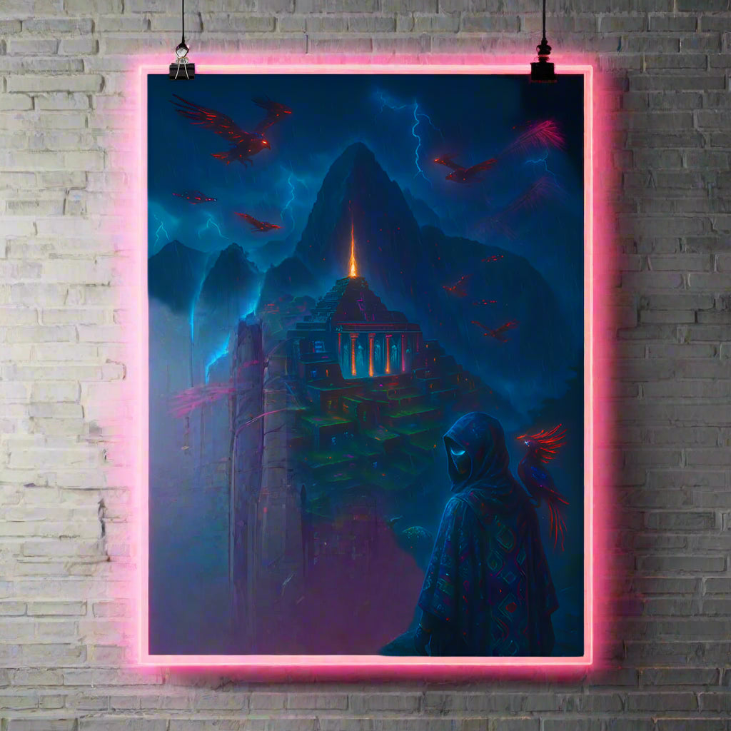 Machu Picchu Cyberpunk Poster – The Neon Ruins in the Clouds | Futuristic Sci-Fi Wall Art