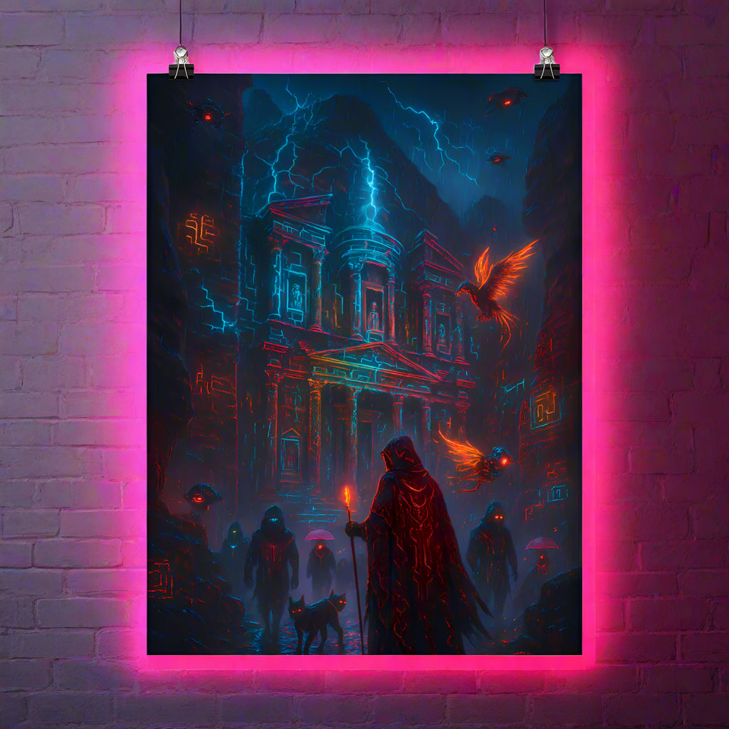 Petra Cyberpunk Poster – The Neon Tomb of Ghosts | Futuristic Sci-Fi Wall Art