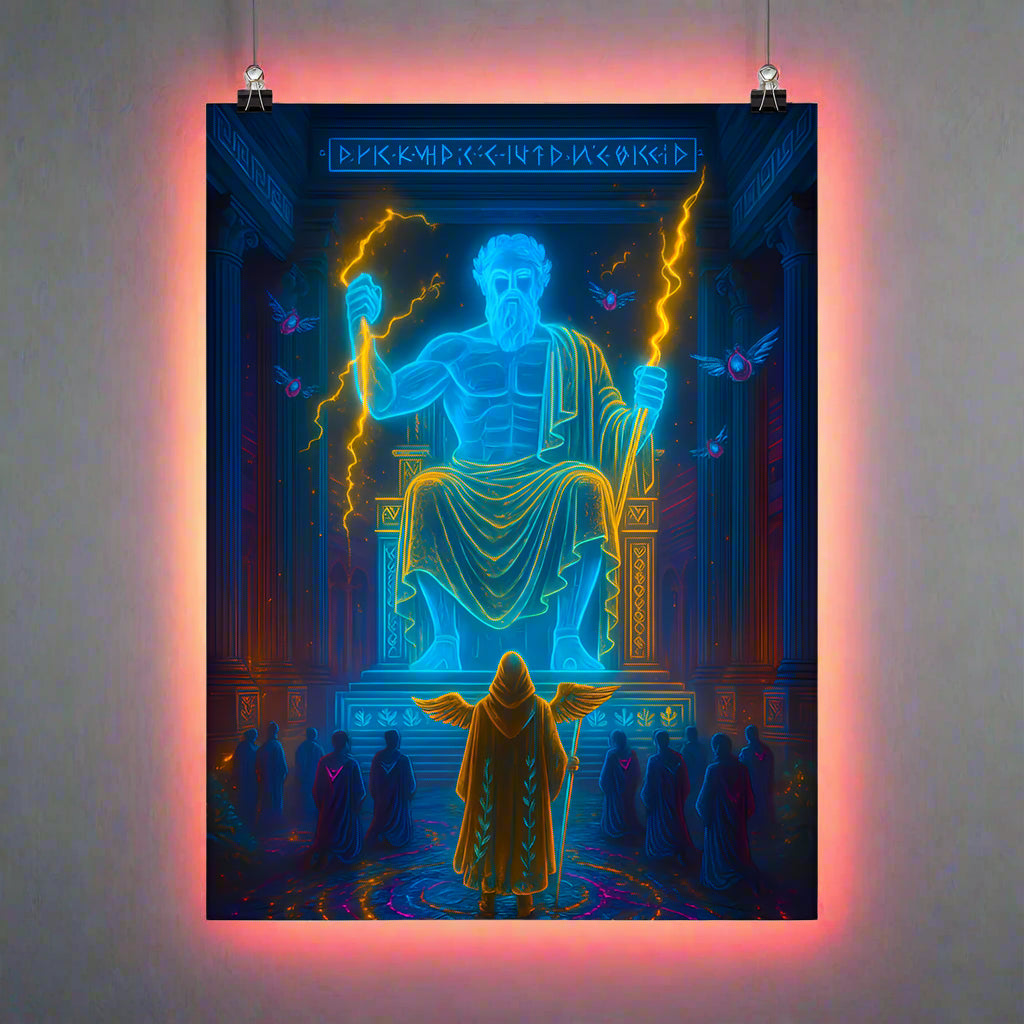 Statue of Zeus at Olympia Cyberpunk Poster – The Holographic God-King | Futuristic Sci-Fi Wall Art