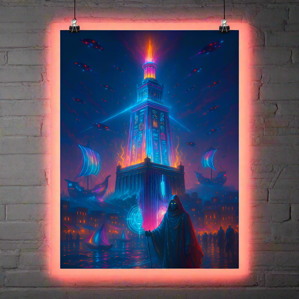 Lighthouse of Alexandria Cyberpunk Poster – The Neon Beacon | Futuristic Sci-Fi Wall Art
