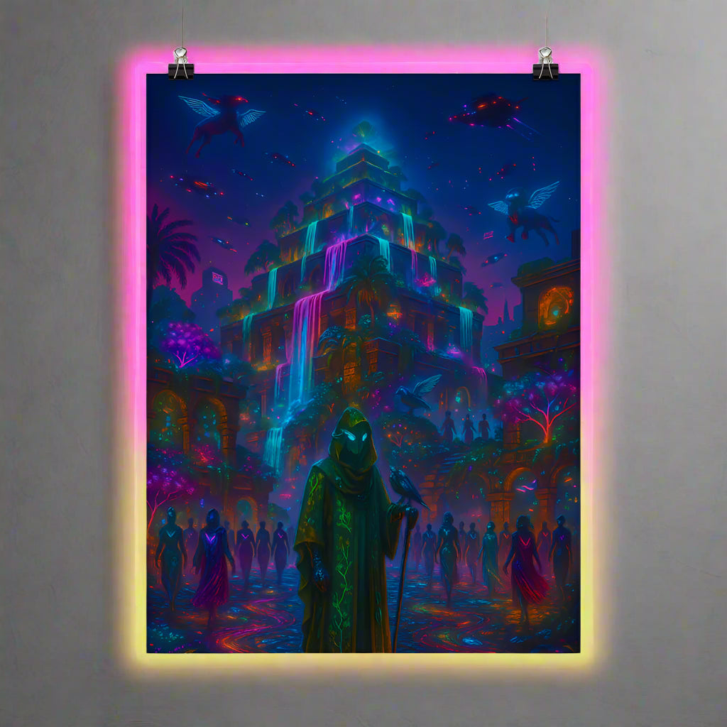 Hanging Gardens of Babylon Cyberpunk Poster – The Bioluminescent Jungle | Futuristic Sci-Fi Wall Art