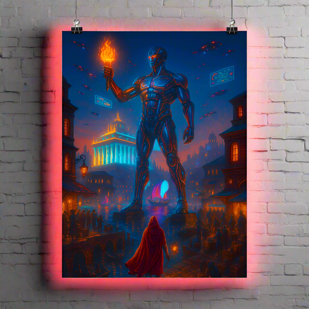 Colossus of Rhodes Cyberpunk Poster – The Cybernetic Sentinel | Futuristic Sci-Fi Wall Art