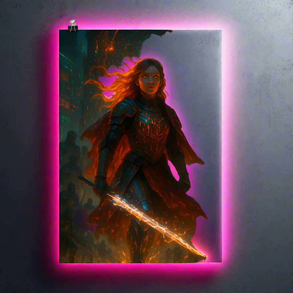 Joan of Arc Cyberpunk Poster – The Neon Warrior Saint | Futuristic Sci-Fi Wall Art