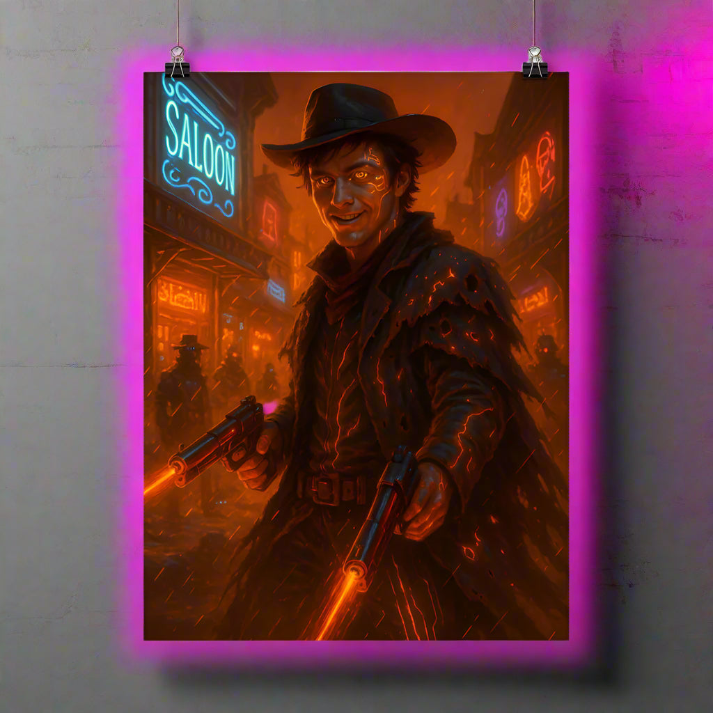 Billy the Kid Cyberpunk Poster – The Neon Outlaw Gunslinger | Futuristic Sci-Fi Wall Art