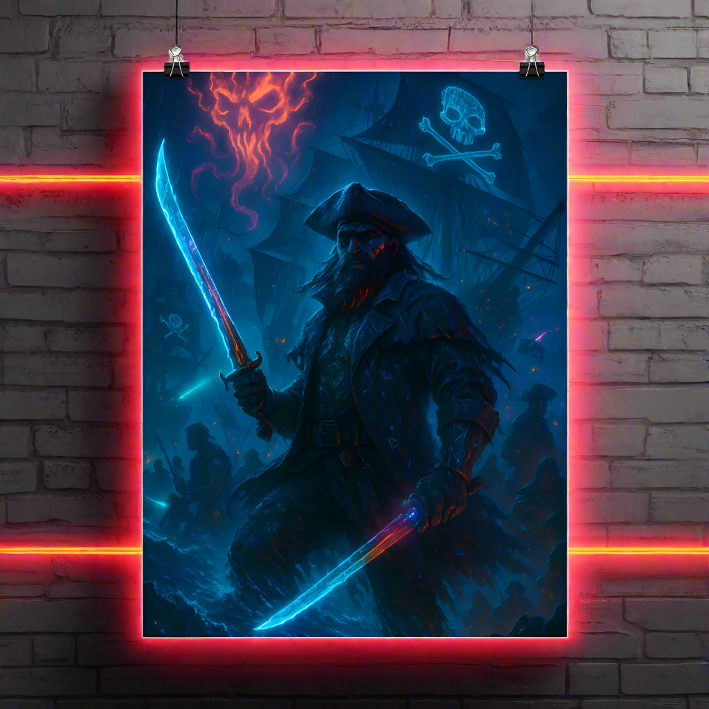 Blackbeard Cyberpunk Poster – The Neon Pirate King | Futuristic Sci-Fi Wall Art