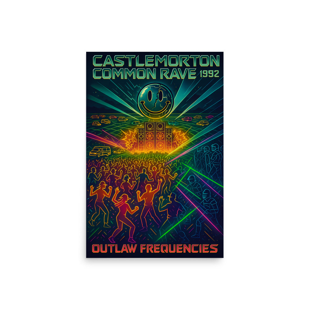 Vintage rave poster with colourful design and text on a white background. 90s rave poster.