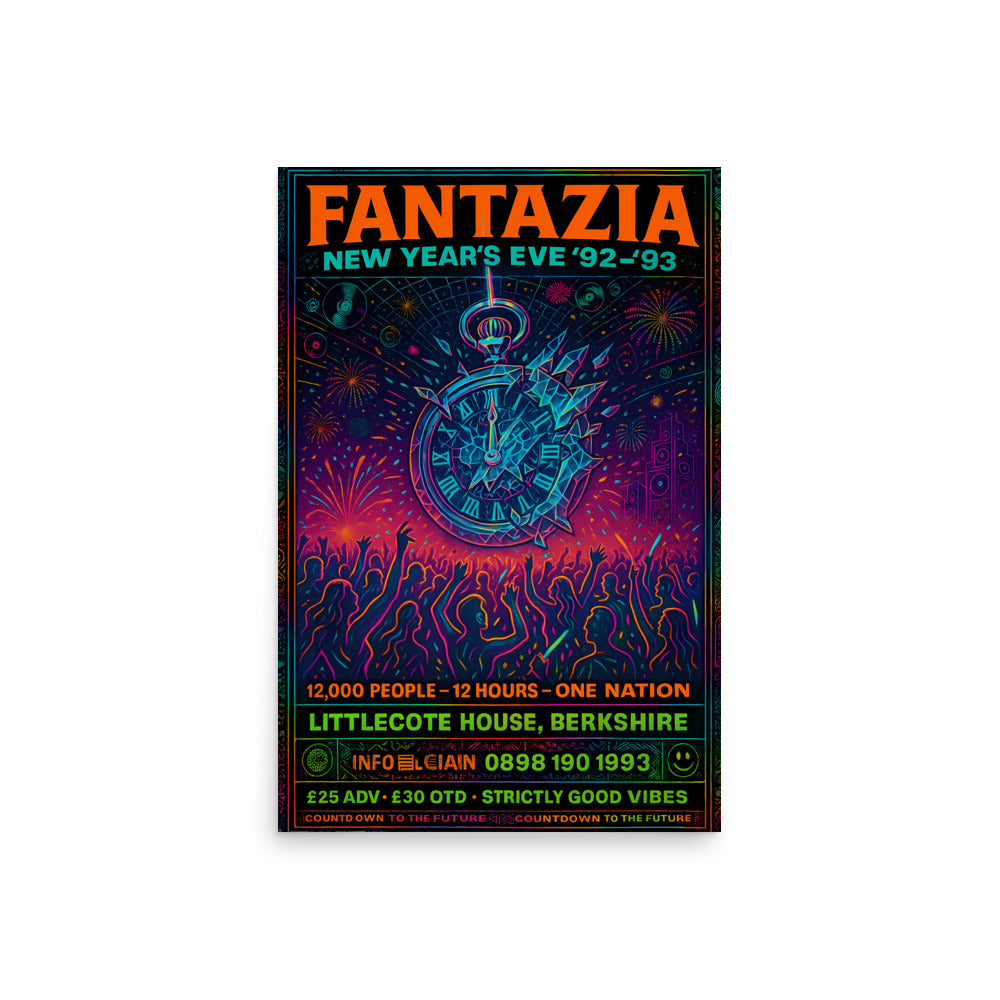 Promotional poster for Fantazia New Year's Eve 92-93 event with clock design and colourful text. 90s rave poster.