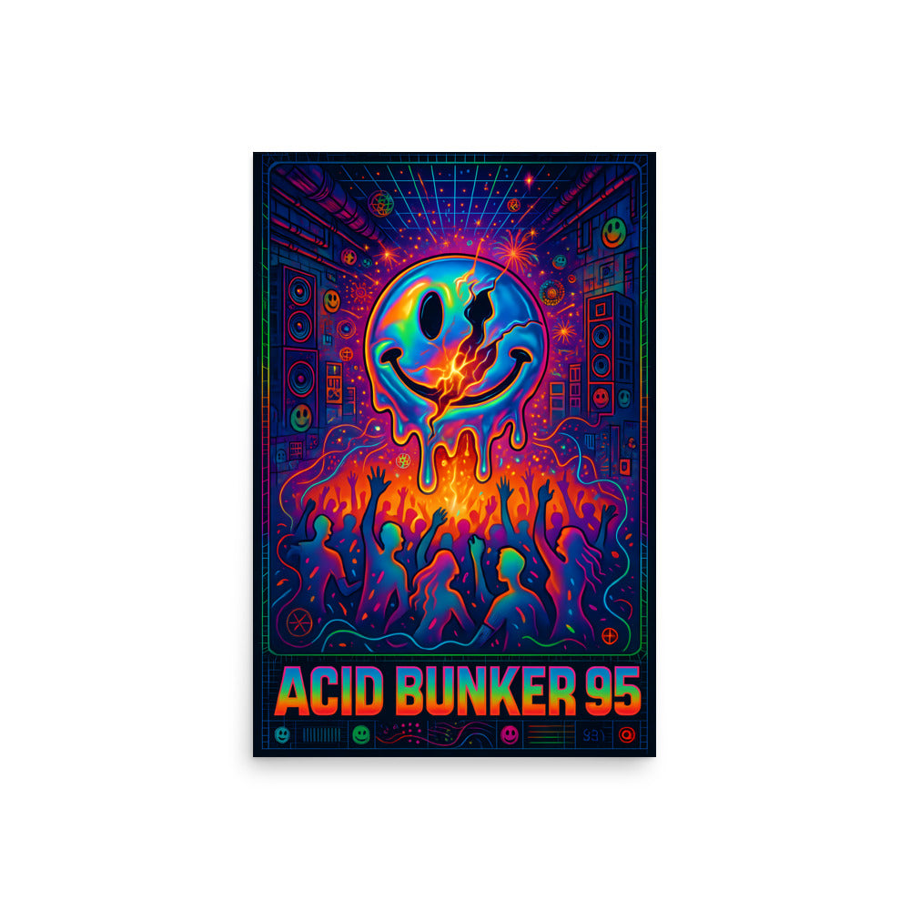 Colourful poster with 'Acid Bunker 95' design on a white background. 90s rave poster.