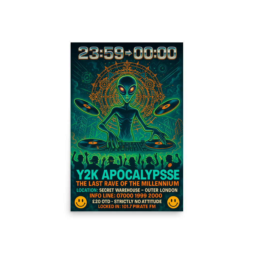 Alien DJ at turntables with text 'Y2K Apocalypse' on a dark background. 90s rave poster.