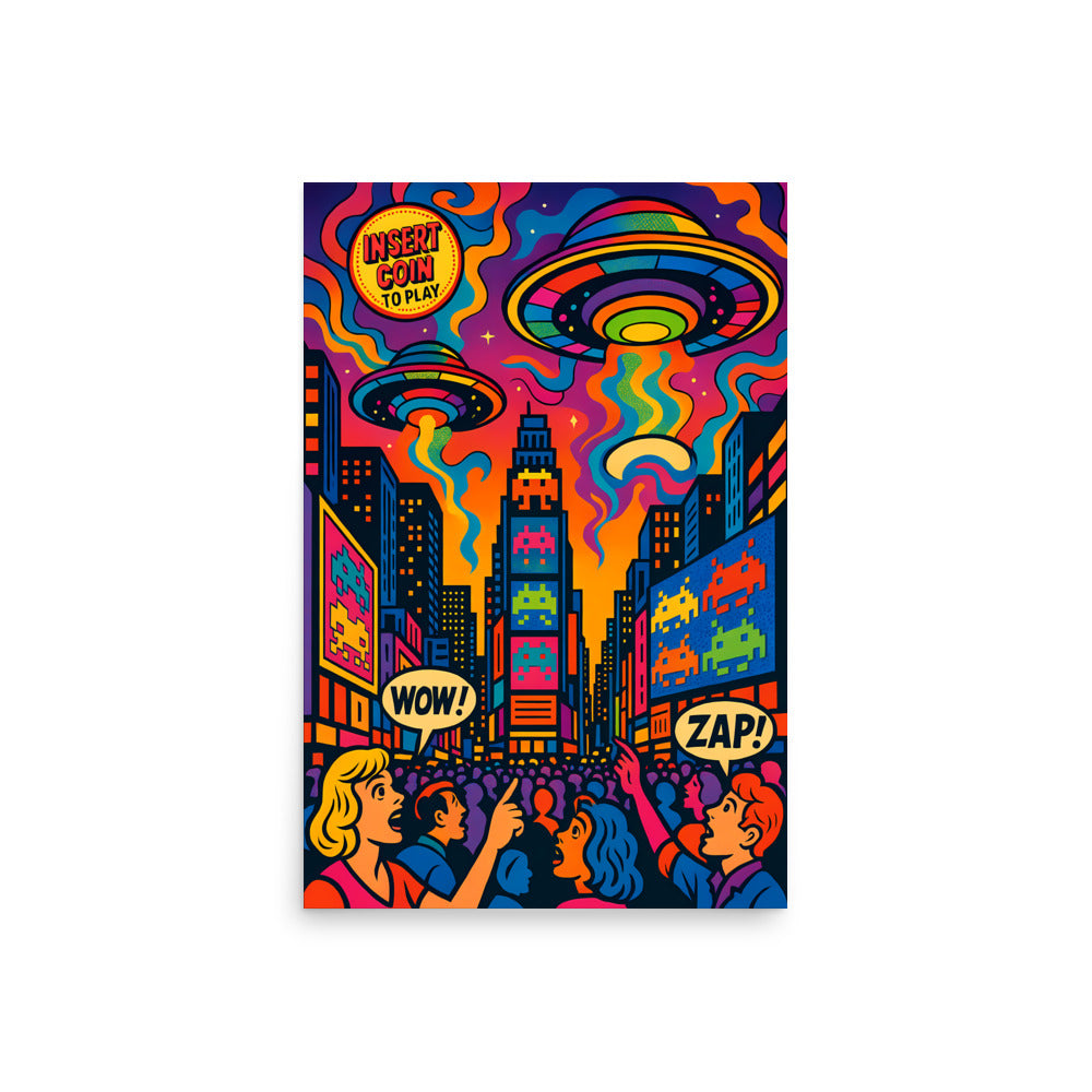 Colorful poster with a cityscape, UFO, and people reacting to an alien invasion. Space invaders poster. 70's retro futurism and psychedelic pop art poster.