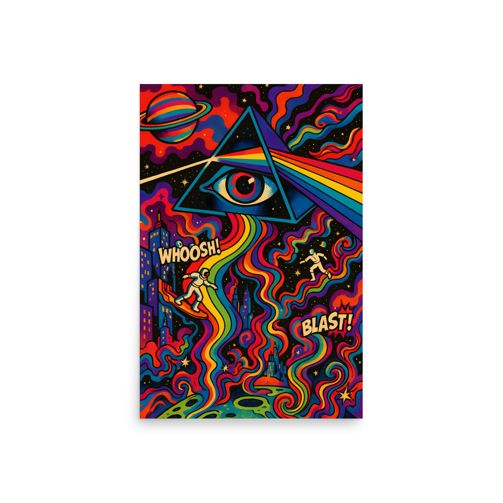 Colourful pink Floyd psychedelic design with eye, planets, and text on a white background. 70's retro futurism and psychedelic pop art poster.