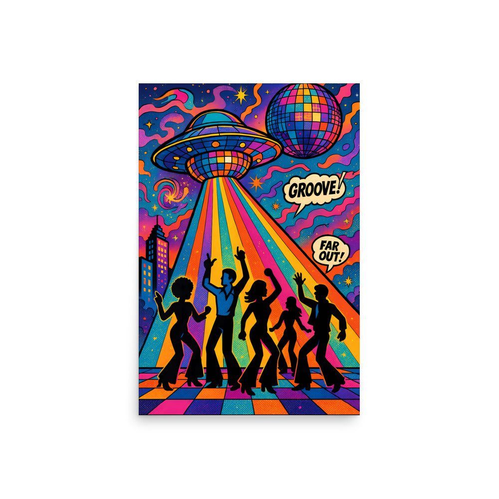Colourful poster with silhouettes of people dancing, a UFO, and disco ball against a checkered floor. 80's disco retro poster.