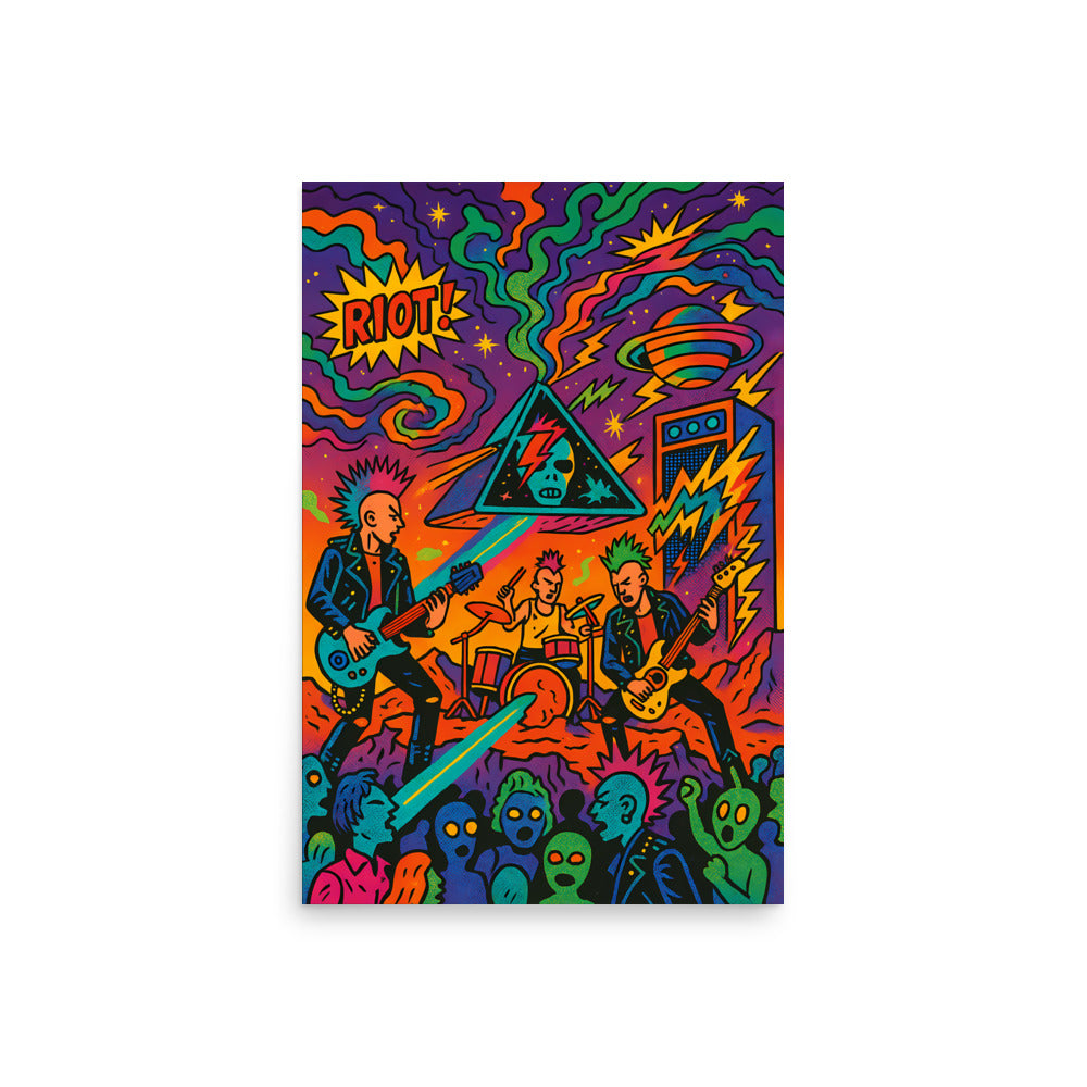 Colourful punk graphic design with musicians and abstract elements on a white background. 70's retro futurism and psychedelic pop art poster