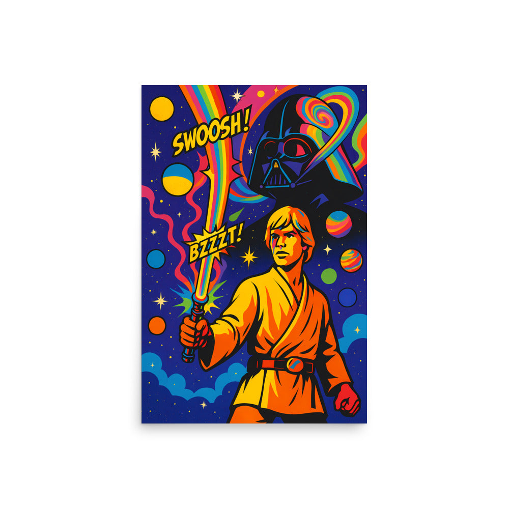 Colorful poster with a character holding a lightsaber, surrounded by dynamic elements and text on a white background. 70's retro futurism and psychedelic pop art poster