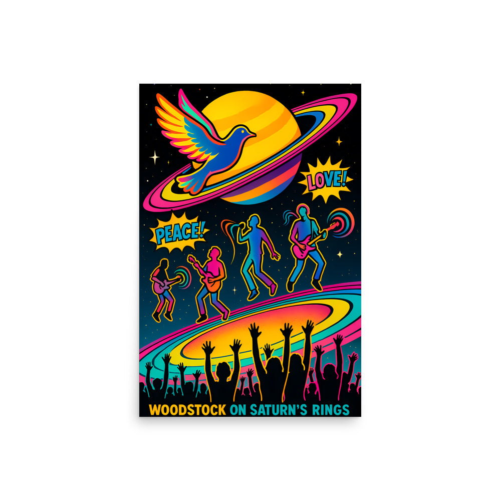 Colourful poster of Woodstock festival with silhouettes of people, a dove, and text on a white background. 70's retro futurism and psychedelic pop art poster